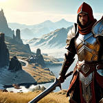 **

A warrior clad in detailed armor, wielding a powerful weapon amidst a stunning fantasy landscape. The scene should be visually spectacular, showcasing the game's breathtaking graphics with high detail in the environment and epic battle effects. The art style should be reminiscent of a high-fantasy MMORPG.

**