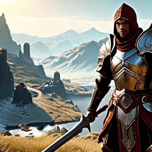 **

A warrior clad in detailed armor, wielding a powerful weapon amidst a stunning fantasy landscape. The scene should be visually spectacular, showcasing the game's breathtaking graphics with high detail in the environment and epic battle effects. The art style should be reminiscent of a high-fantasy MMORPG.

**