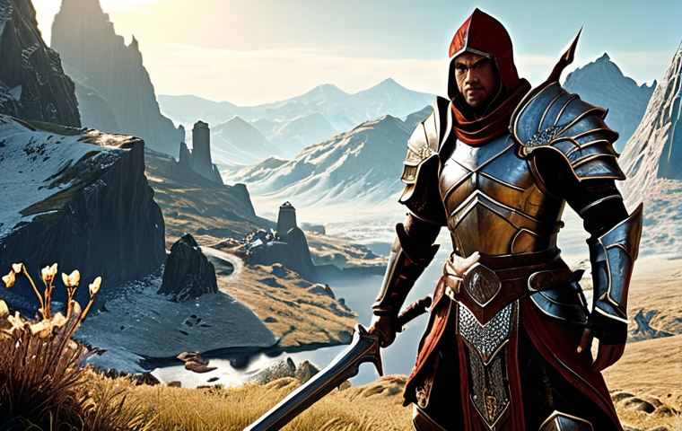 **
A warrior clad in detailed armor, wielding a powerful weapon amidst a stunning fantasy landscape. The scene should be visually spectacular, showcasing the game's breathtaking graphics with high detail in the environment and epic battle effects. The art style should be reminiscent of a high-fantasy MMORPG.
**